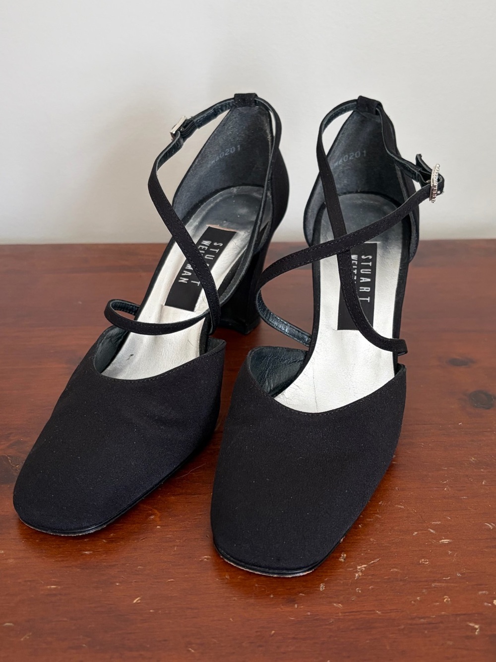 Vintage Stuart Weitzman Black Cross-Strap Block Heels